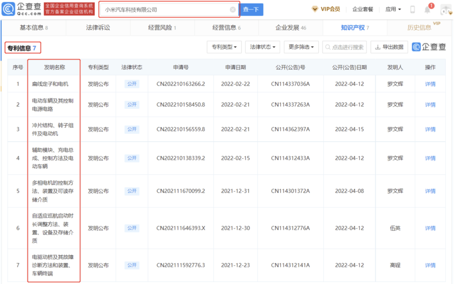 小米汽车科技：月内已公开七项专利